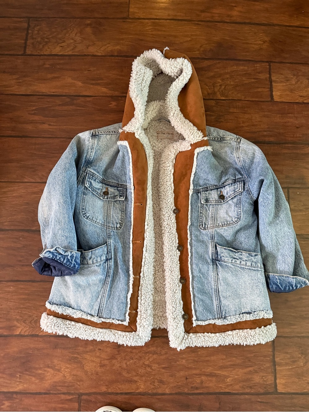 We The Free Light Blue Denim Jacket with Brown Trim & Cream Shearling
